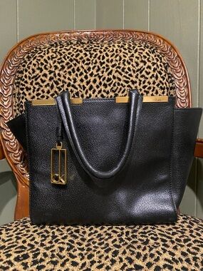 Calvin Klein Black Leather Tote with Gold Hardware